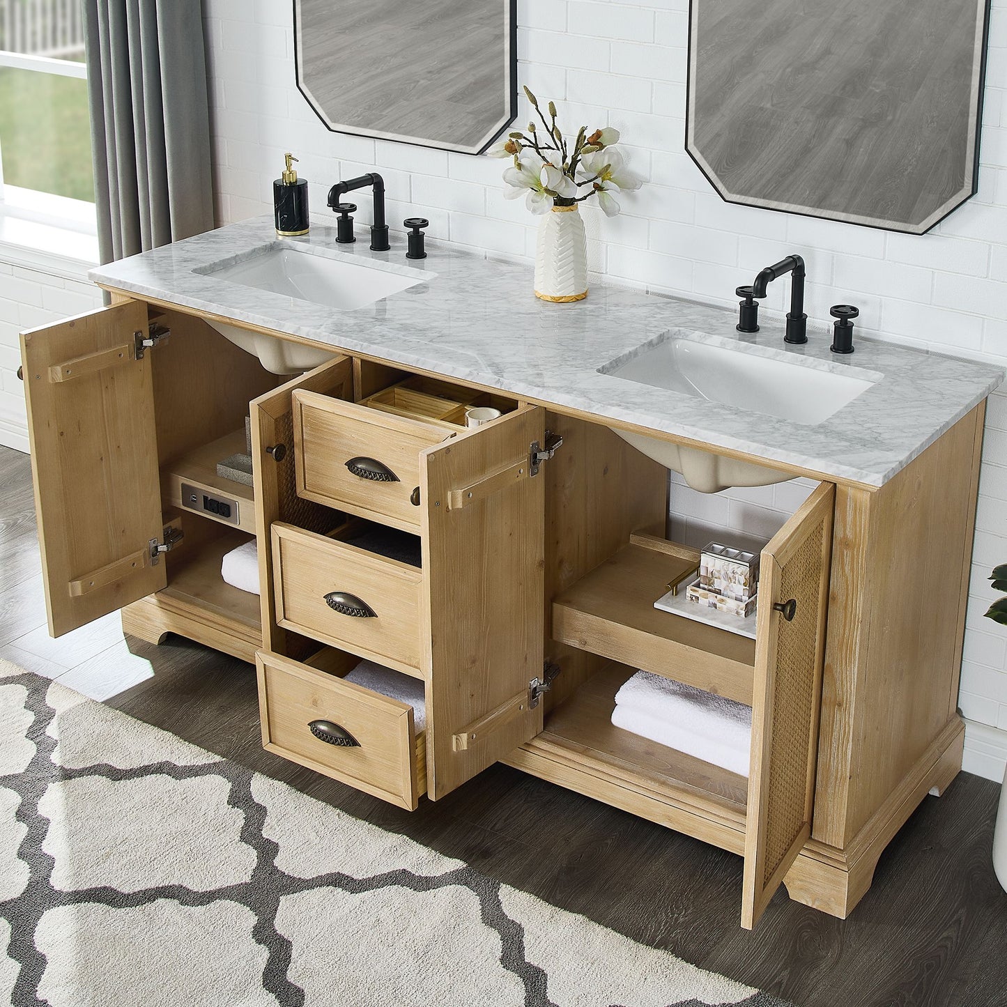 Hervas 72" Free-standing Double Bath Vanity in Fir Wood Brown with White Natural Carrara Marble Top