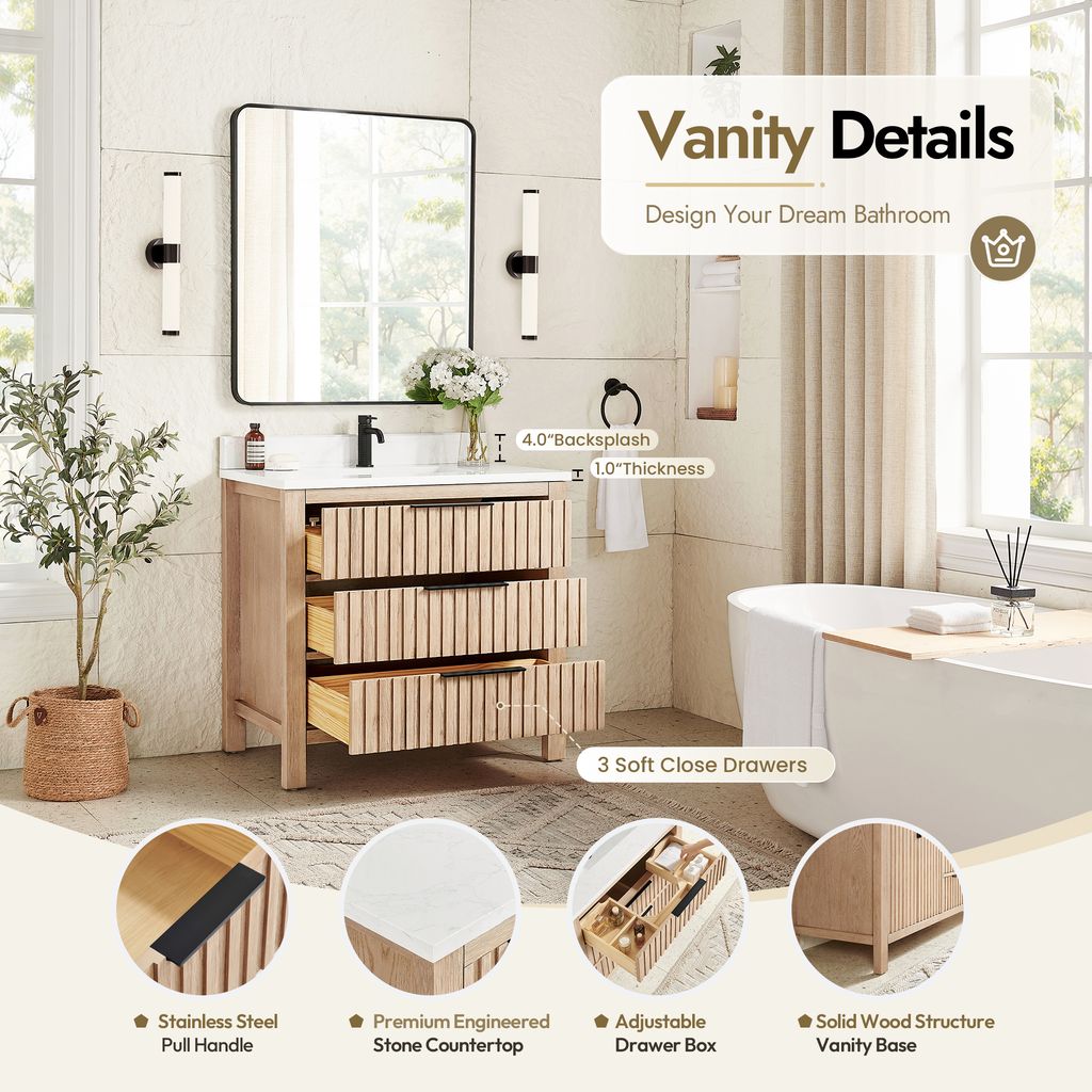 Shenzhen 36" Single Sink Bath Vanity in Aged Natural Oak