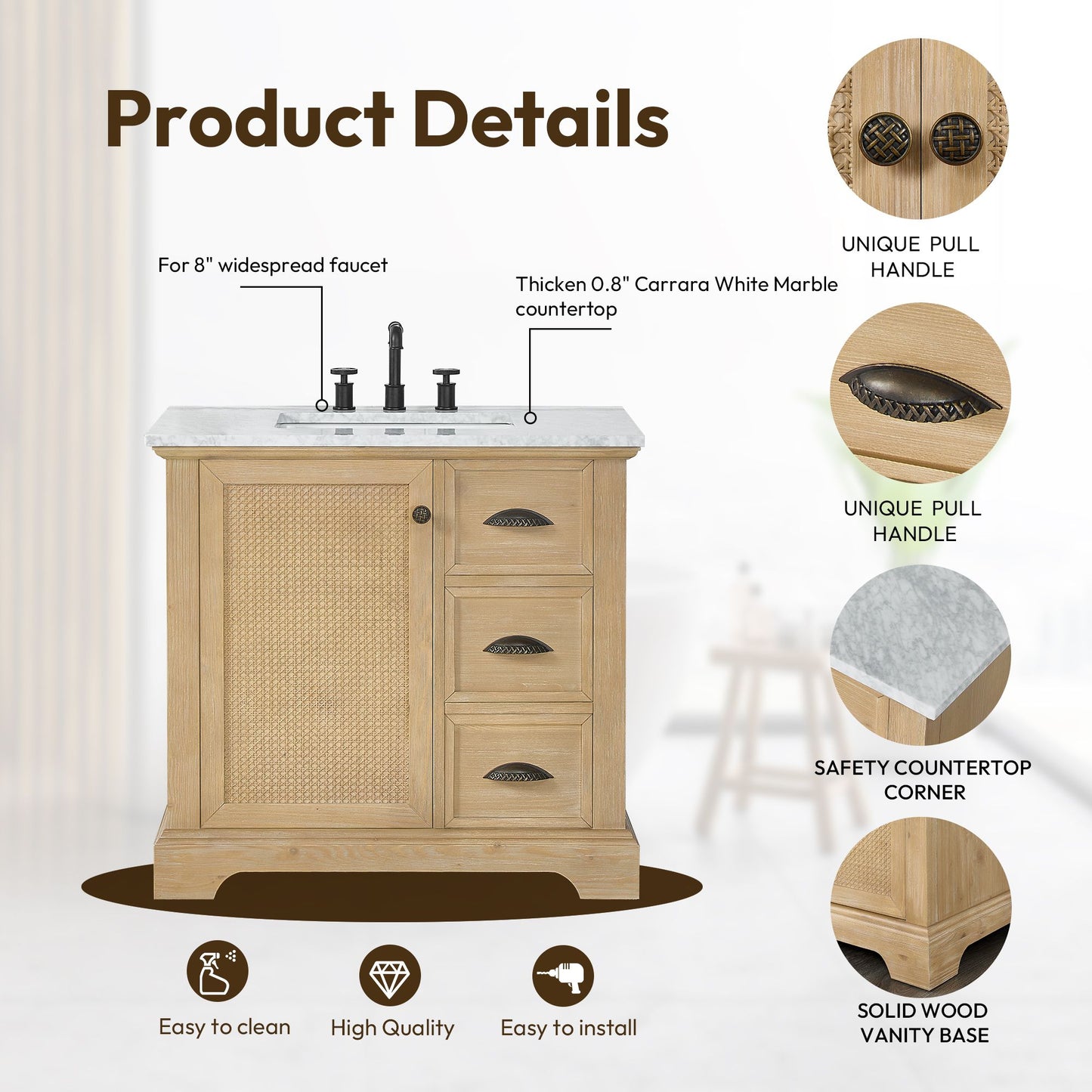 Hervas 36" Free-standing Single Bath Vanity in Fir Wood Brown with White Natural Carrara Marble Top