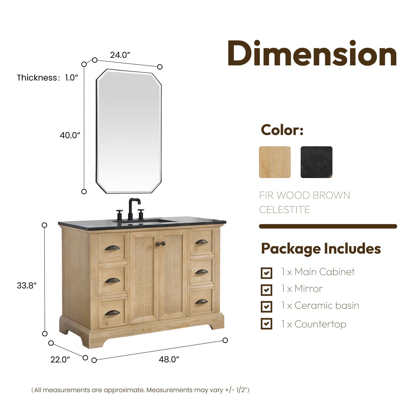 Hervas 48" Free-standing Single Bath Vanity in Fir Wood Brown with Black Natural Celestite Marble Top