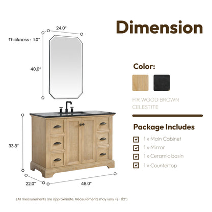 Hervas 48" Free-standing Single Bath Vanity in Fir Wood Brown with Black Natural Celestite Marble Top