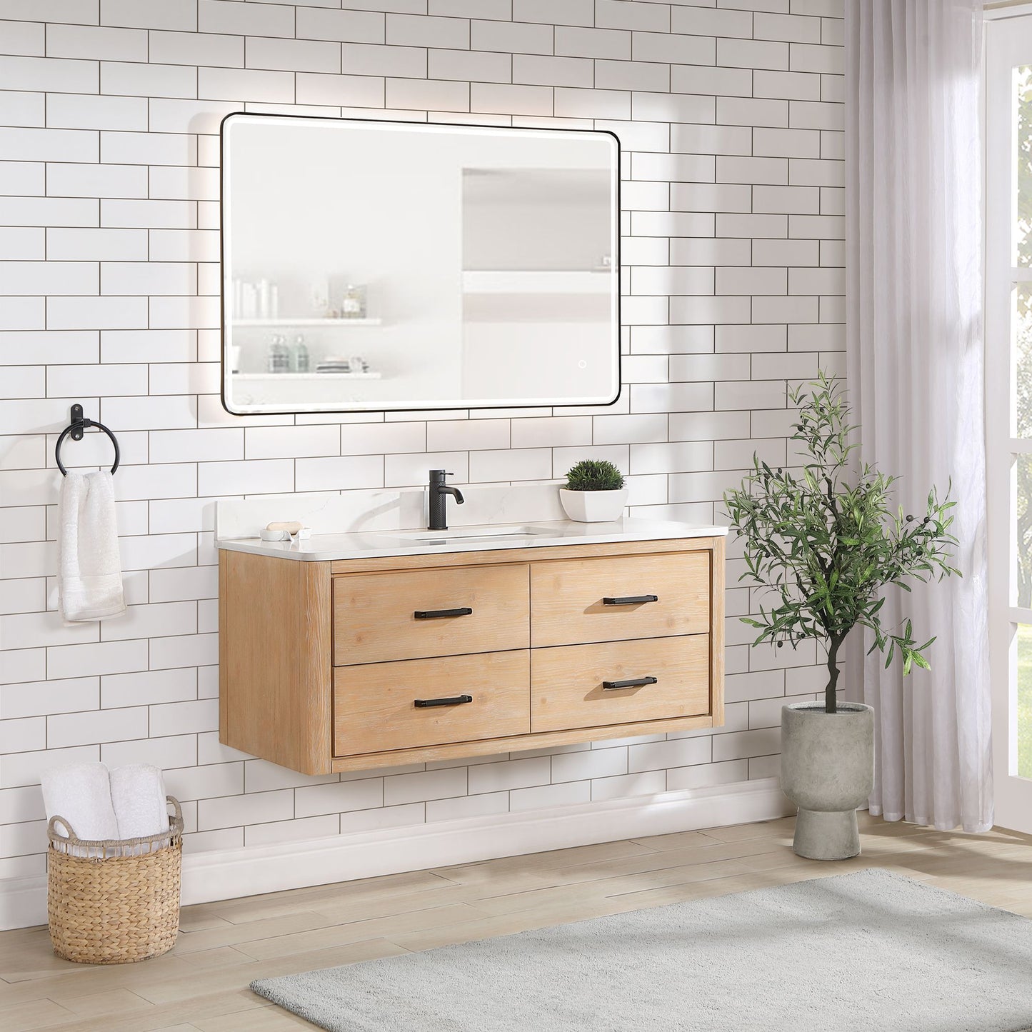 Cristo 48" Floating Single Bath Vanity in Fir Wood Brown with Fish Maw White Quartz Stone Top