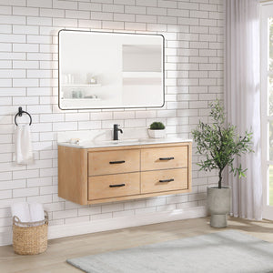 Cristo 48" Floating Single Bath Vanity in Fir Wood Brown with Fish Maw White Quartz Stone Top