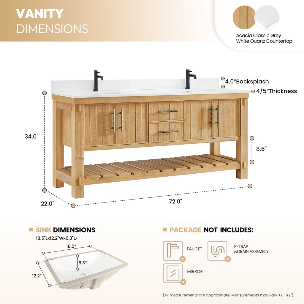 Paris 72" Free-standing Double Bath Vanity in Acacia Classic Grey