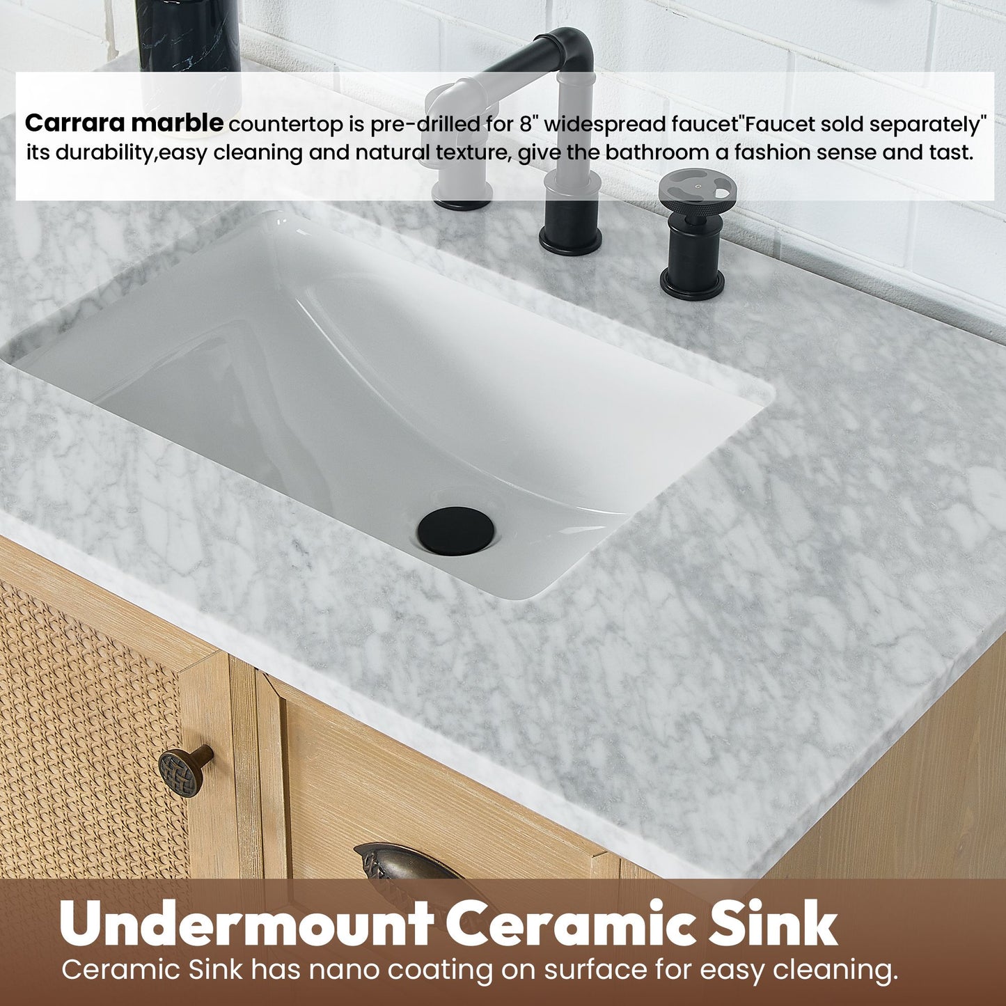 Hervas 72" Free-standing Double Bath Vanity in Fir Wood Brown with White Natural Carrara Marble Top
