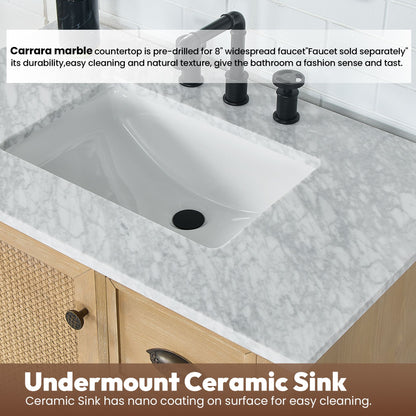 Hervas 36" Free-standing Single Bath Vanity in Fir Wood Brown with White Natural Carrara Marble Top
