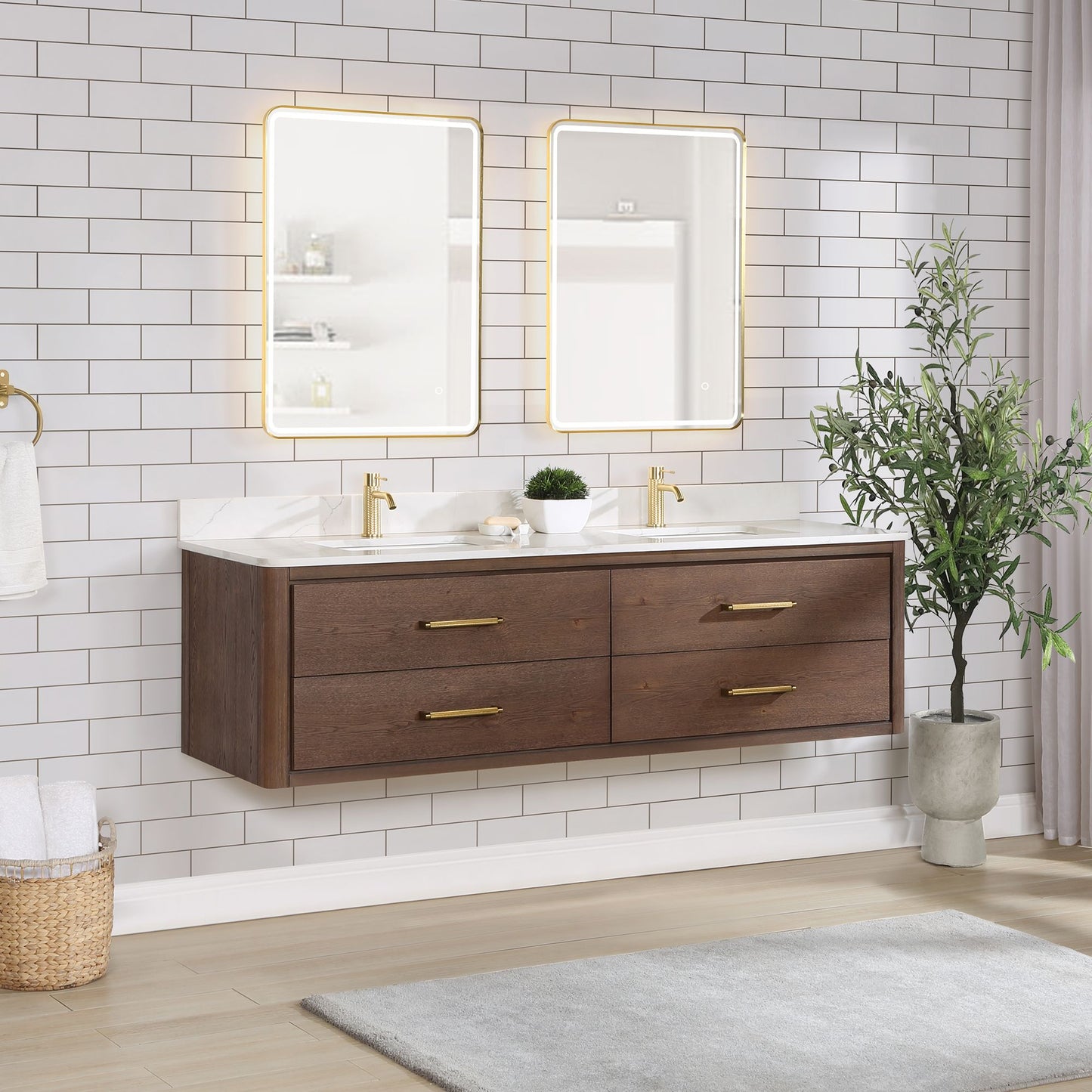 Cristo 72" Floating Double Bath Vanity in Aged Dark Brown Oak with Fish Maw White Quartz Stone Top