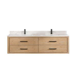 Open image in slideshow, Cristo 72&quot; Floating Double Bath Vanity in Fir Wood Brown with Fish Maw White Quartz Stone Top
