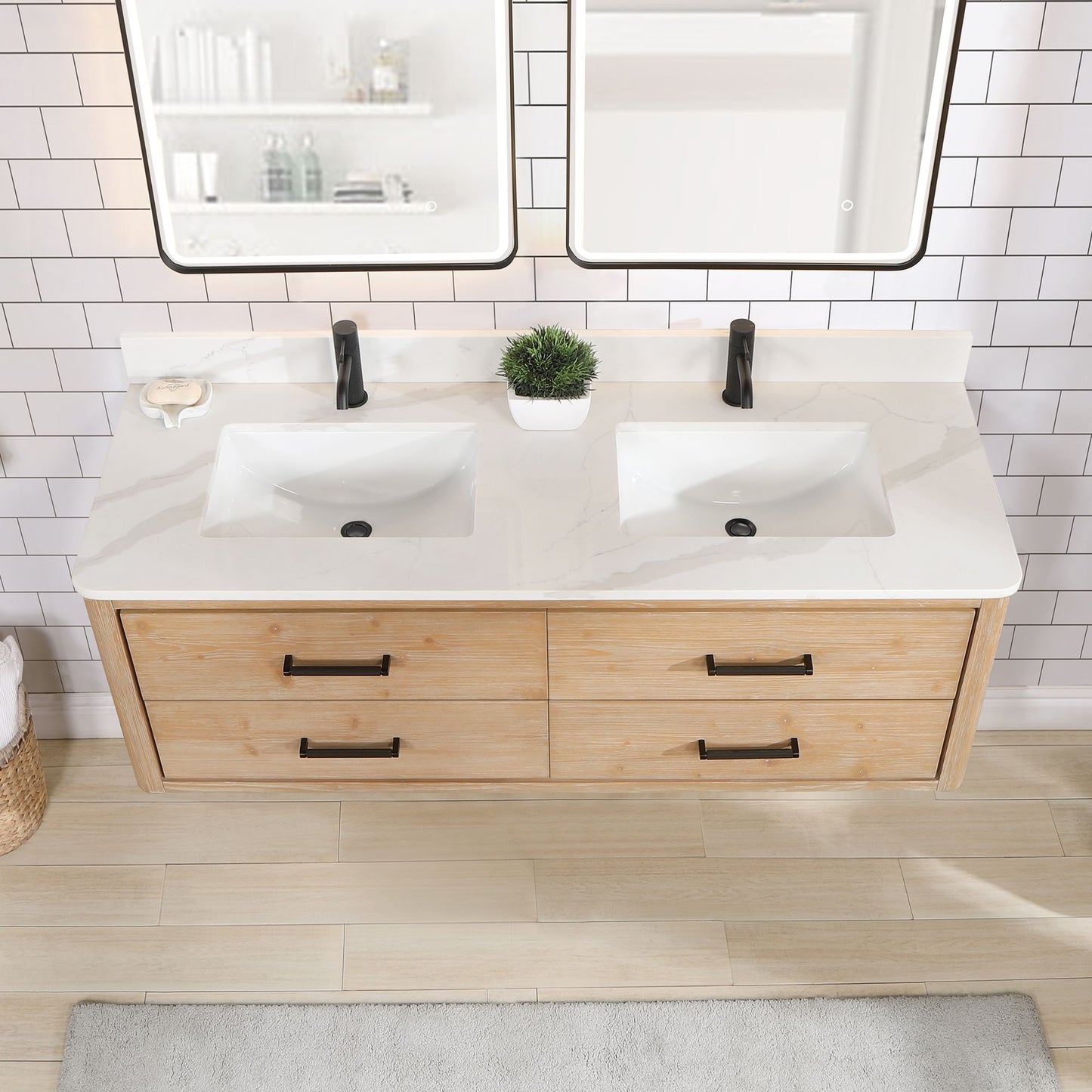 Cristo 60M" Floating Double Bath Vanity in Fir Wood Brown with Fish Maw White Quartz Stone Top
