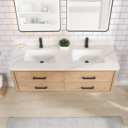 Cristo 60M" Floating Double Bath Vanity in Fir Wood Brown with Fish Maw White Quartz Stone Top