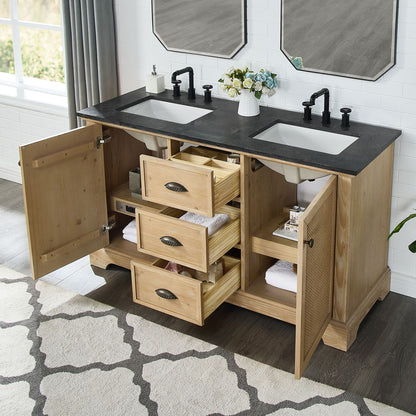 Hervas 60M" Free-standing Double Bath Vanity in Fir Wood Brown with Black Natural Celestite Marble Top