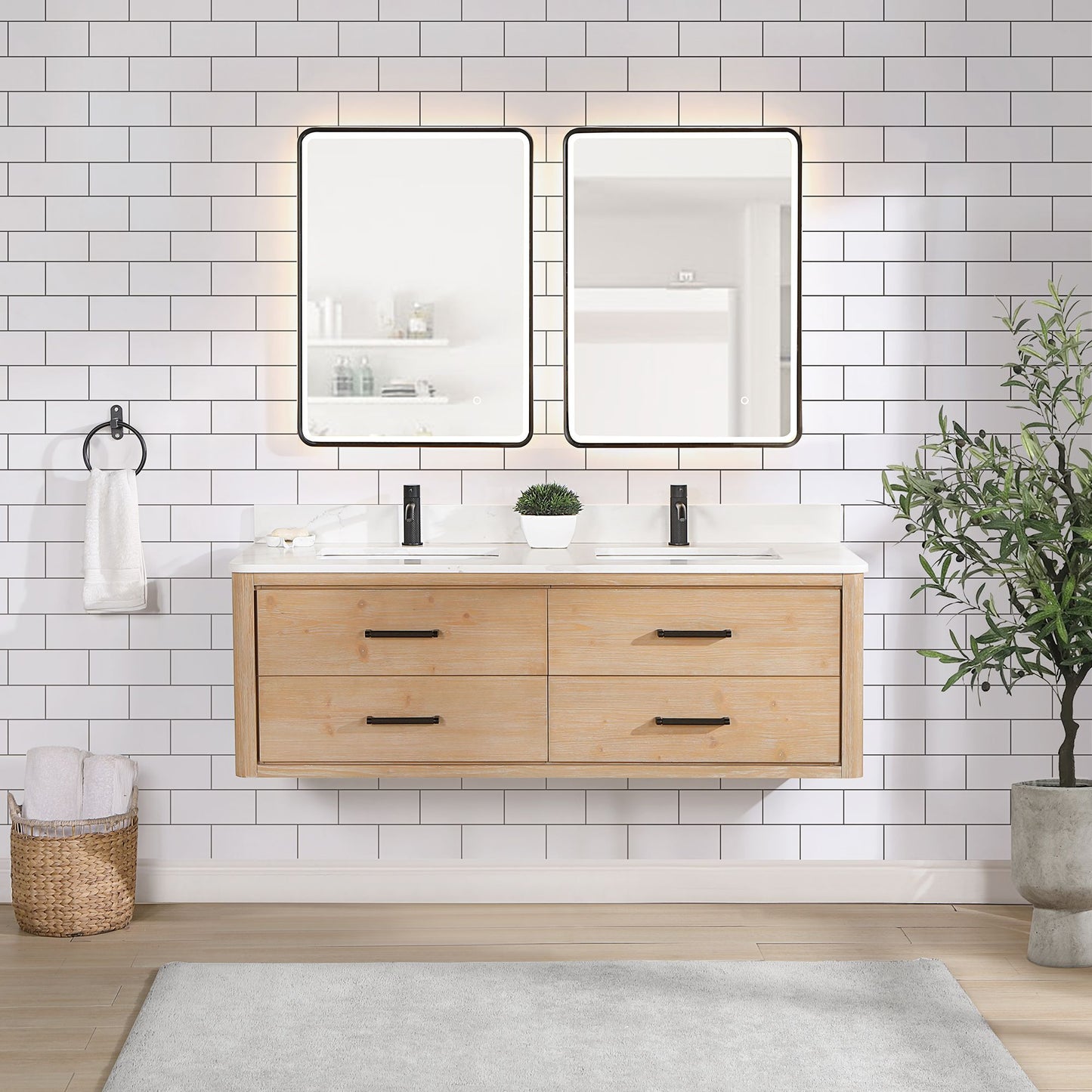 Cristo 60M" Floating Double Bath Vanity in Fir Wood Brown with Fish Maw White Quartz Stone Top
