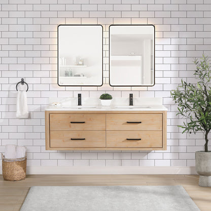 Cristo 60M" Floating Double Bath Vanity in Fir Wood Brown with Fish Maw White Quartz Stone Top
