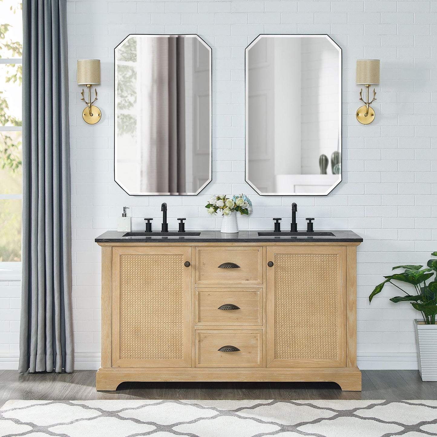 Hervas 60M" Free-standing Double Bath Vanity in Fir Wood Brown with Black Natural Celestite Marble Top