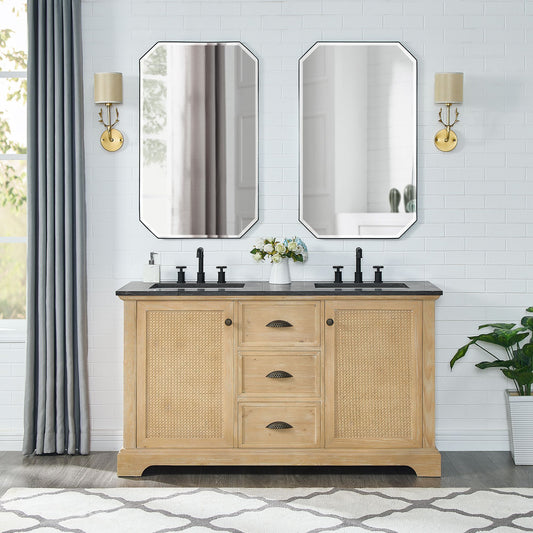 Hervas 60M" Free-standing Double Bath Vanity in Fir Wood Brown with Black Natural Celestite Marble Top