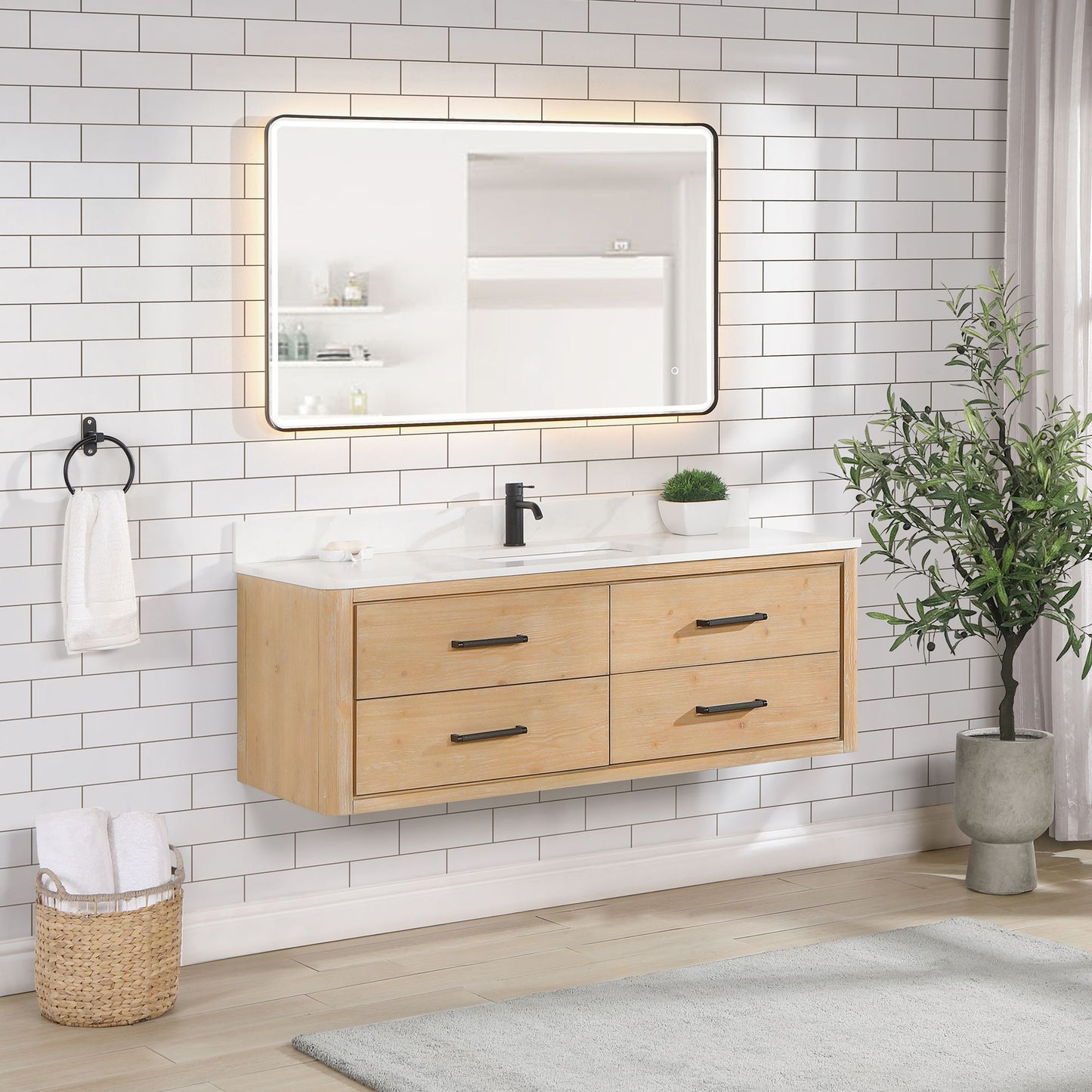 Cristo 55" Floating Single Bath Vanity in Fir Wood Brown with Fish Maw White Quartz Stone Top