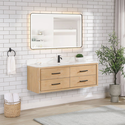 Cristo 55" Floating Single Bath Vanity in Fir Wood Brown with Fish Maw White Quartz Stone Top