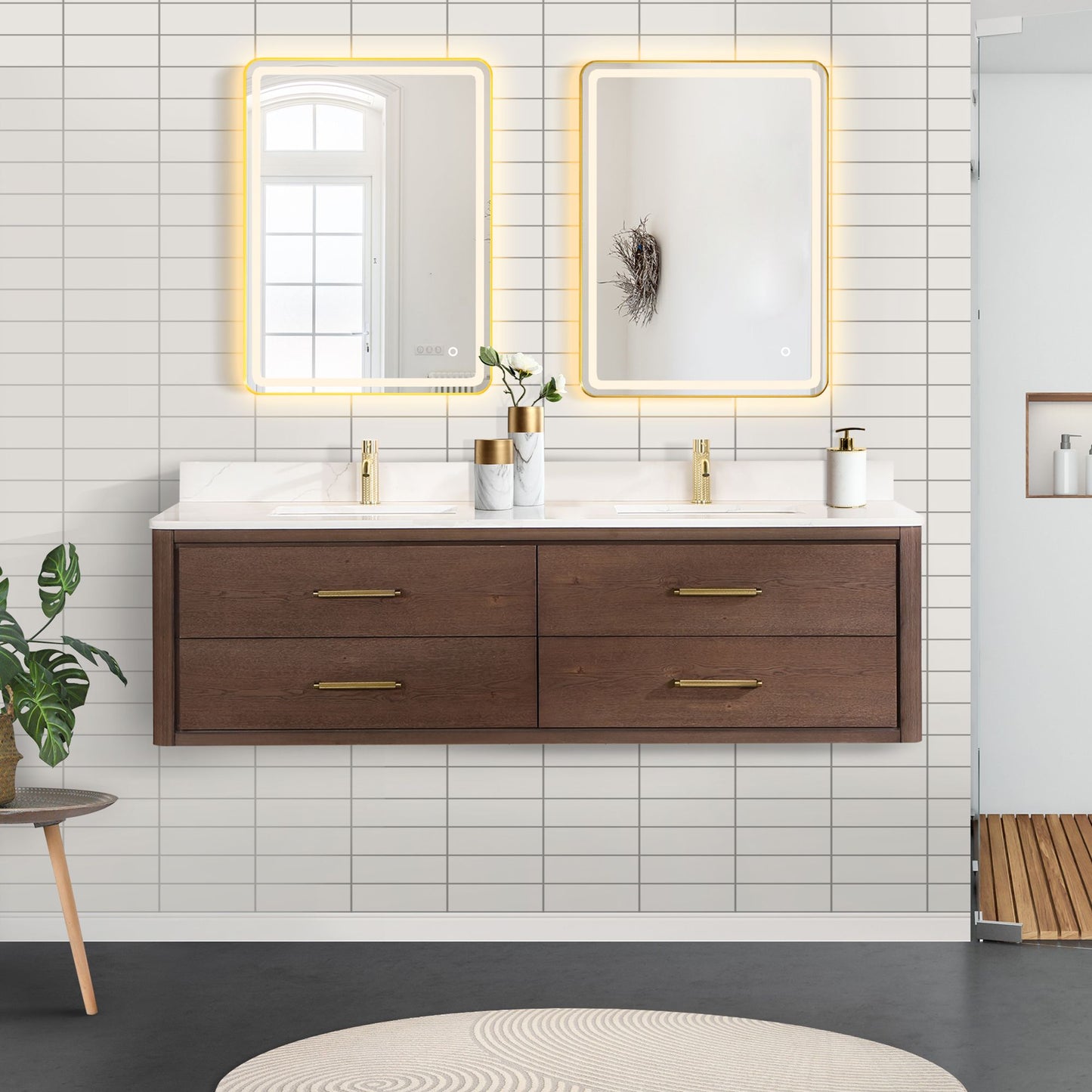 Cristo 72" Floating Double Bath Vanity in Aged Dark Brown Oak with Fish Maw White Quartz Stone Top