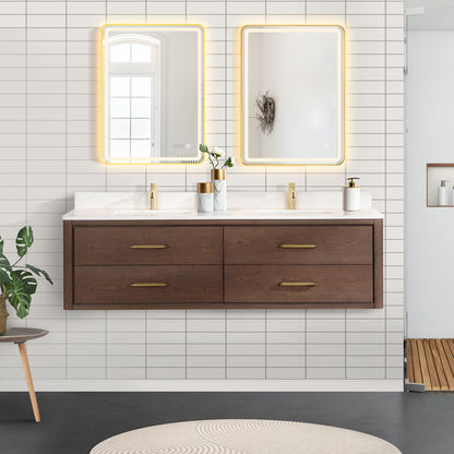 Cristo 72" Floating Double Bath Vanity in Aged Dark Brown Oak with Fish Maw White Quartz Stone Top
