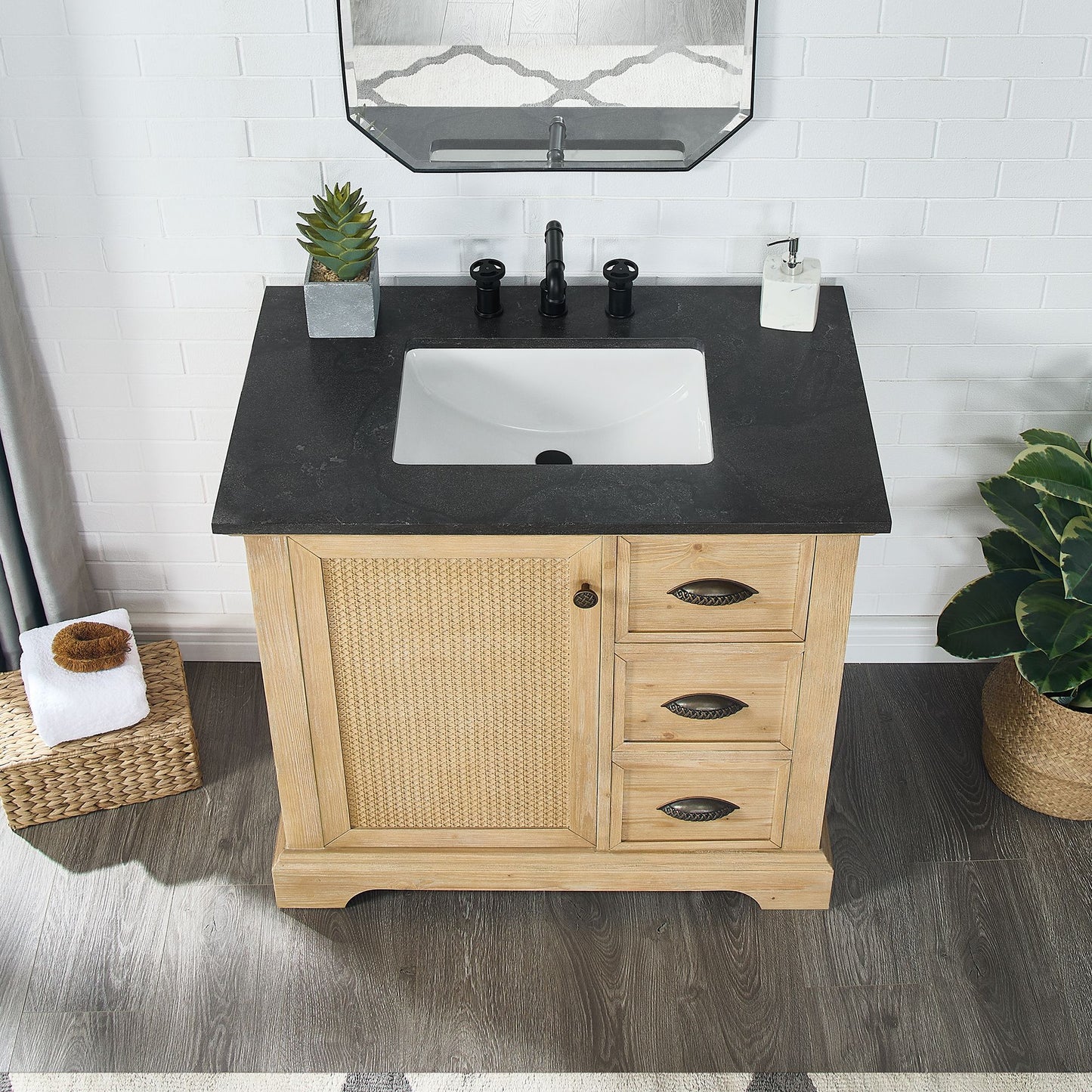 Hervas 36" Free-standing Single Bath Vanity in Fir Wood Brown with Black Natural Celestite Marble Top