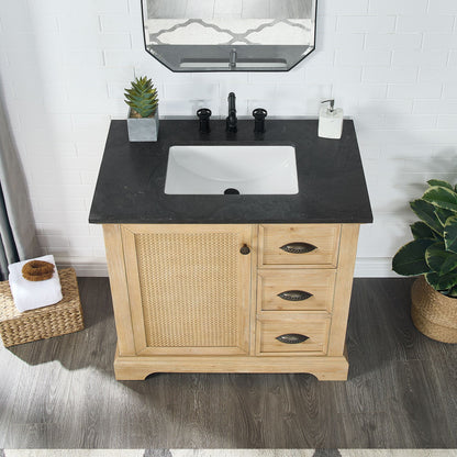 Hervas 36" Free-standing Single Bath Vanity in Fir Wood Brown with Black Natural Celestite Marble Top