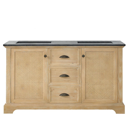 Hervas 60M" Free-standing Double Bath Vanity in Fir Wood Brown with Black Natural Celestite Marble Top
