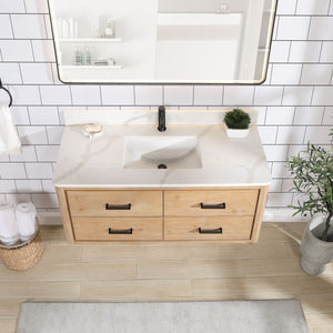 Cristo 48" Floating Single Bath Vanity in Fir Wood Brown with Fish Maw White Quartz Stone Top