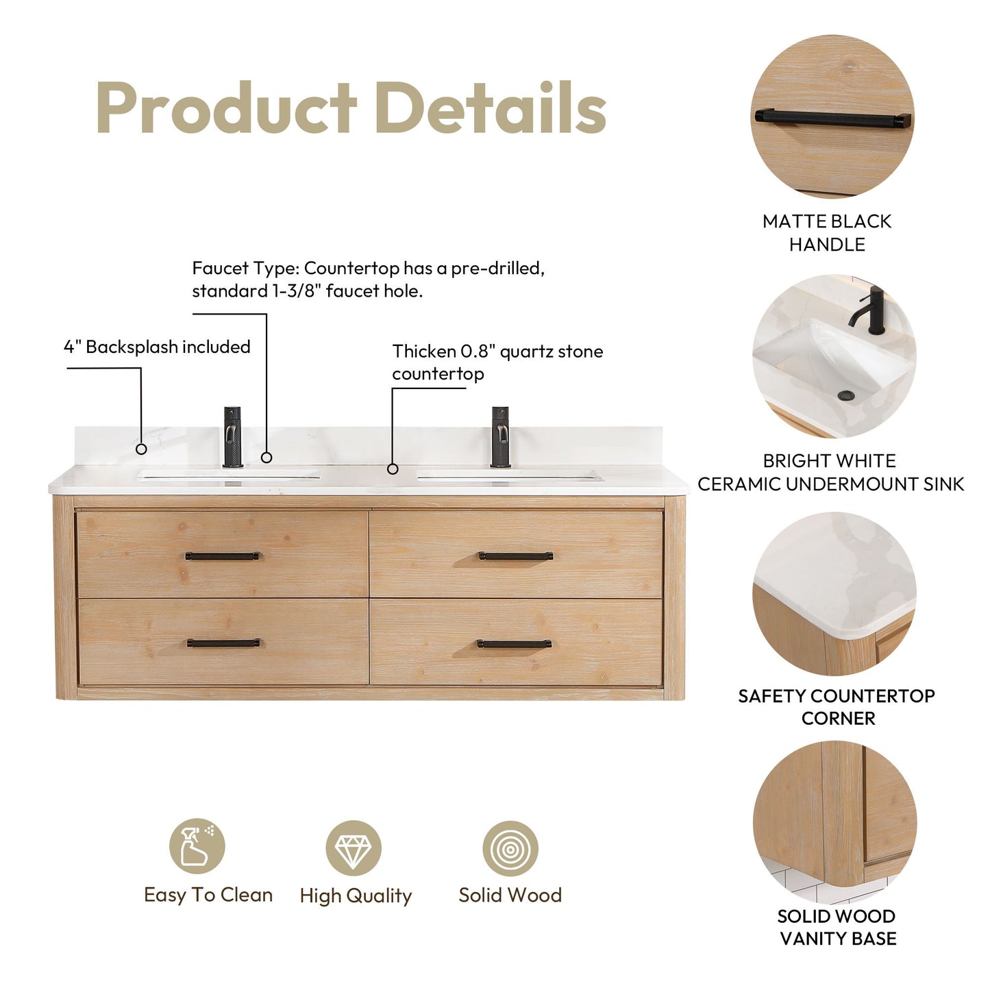 Cristo 60M" Floating Double Bath Vanity in Fir Wood Brown with Fish Maw White Quartz Stone Top