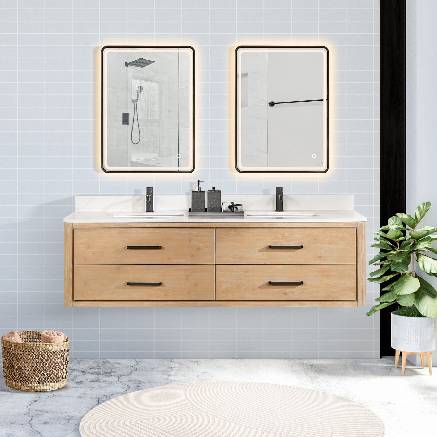 Cristo 72" Floating Double Bath Vanity in Fir Wood Brown with Fish Maw White Quartz Stone Top