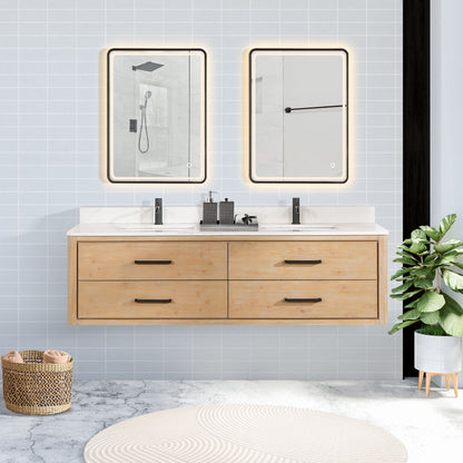 Cristo 72" Floating Double Bath Vanity in Fir Wood Brown with Fish Maw White Quartz Stone Top