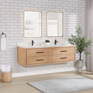 Cristo 72" Floating Double Bath Vanity in Fir Wood Brown with Fish Maw White Quartz Stone Top