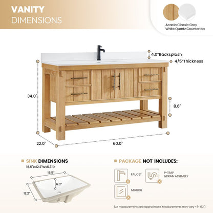 Paris 60" Free-standing Single Bath Vanity in Acacia Classic Grey