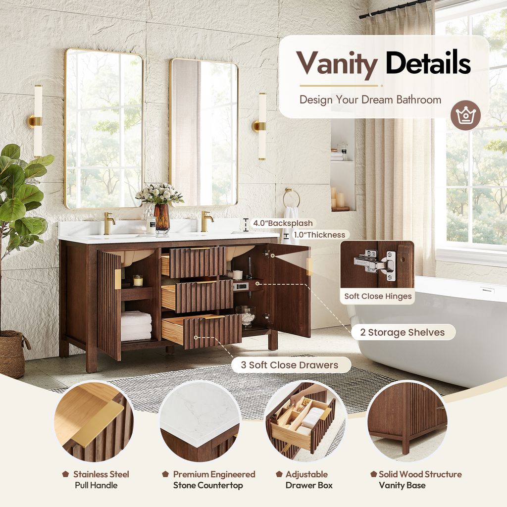 Shenzhen 60M" Double Sink Bath Vanity in Aged Dark Brown Oak
