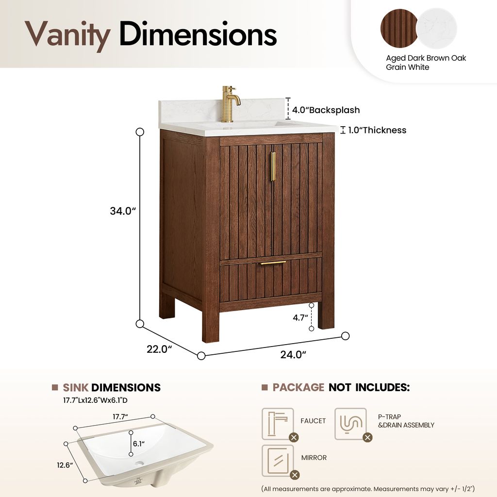 Shenzhen 24" Single Sink Bath Vanity in Aged Dark Brown Oak