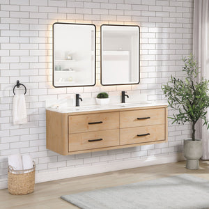 Cristo 60M" Floating Double Bath Vanity in Fir Wood Brown with Fish Maw White Quartz Stone Top