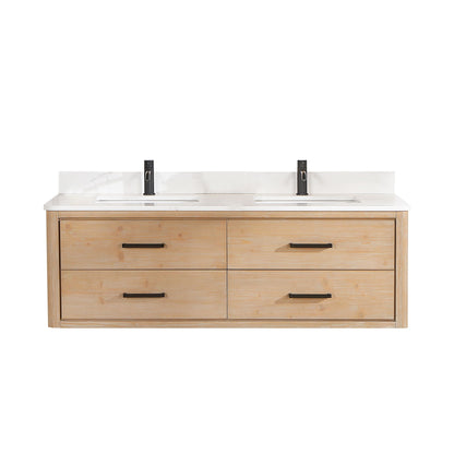 Cristo 60M" Floating Double Bath Vanity in Fir Wood Brown with Fish Maw White Quartz Stone Top