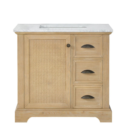 Hervas 36" Free-standing Single Bath Vanity in Fir Wood Brown with White Natural Carrara Marble Top