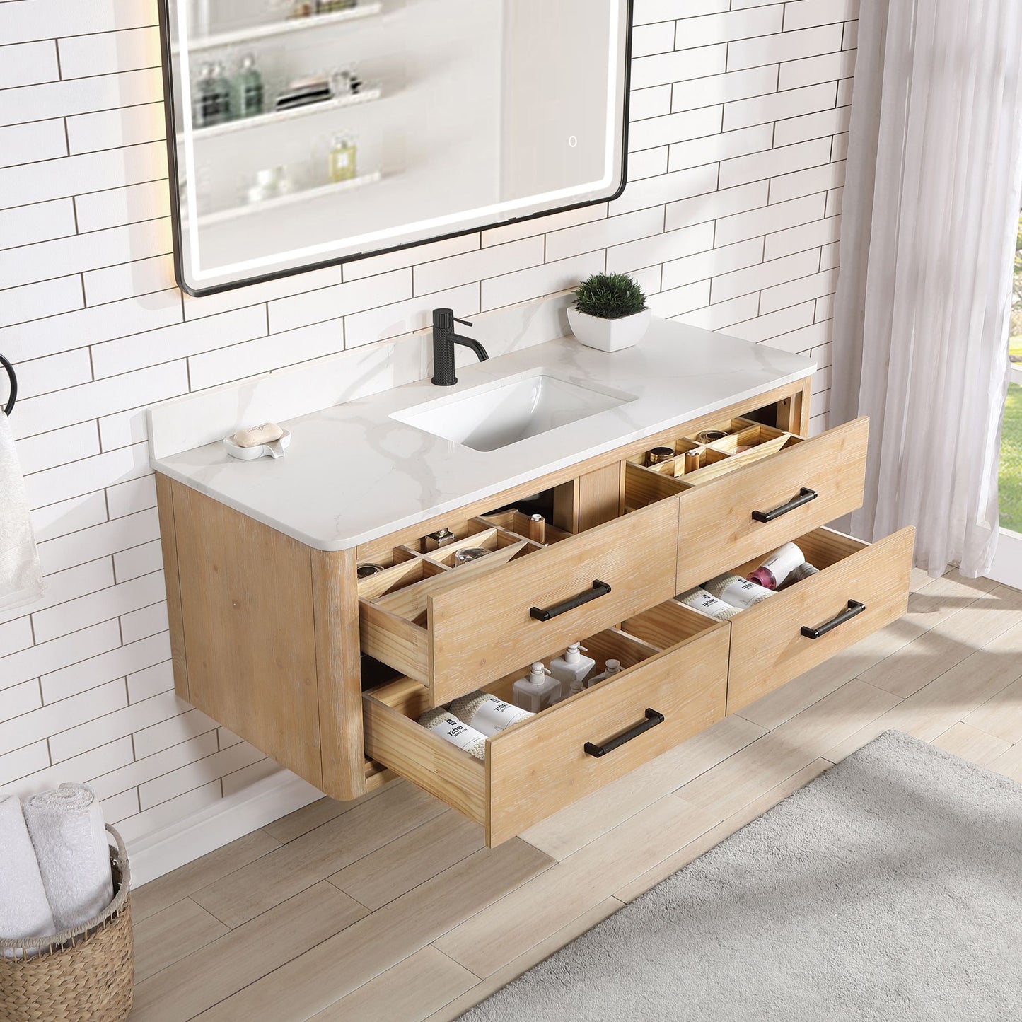 Cristo 55" Floating Single Bath Vanity in Fir Wood Brown with Fish Maw White Quartz Stone Top