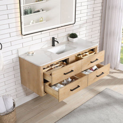 Cristo 55" Floating Single Bath Vanity in Fir Wood Brown with Fish Maw White Quartz Stone Top