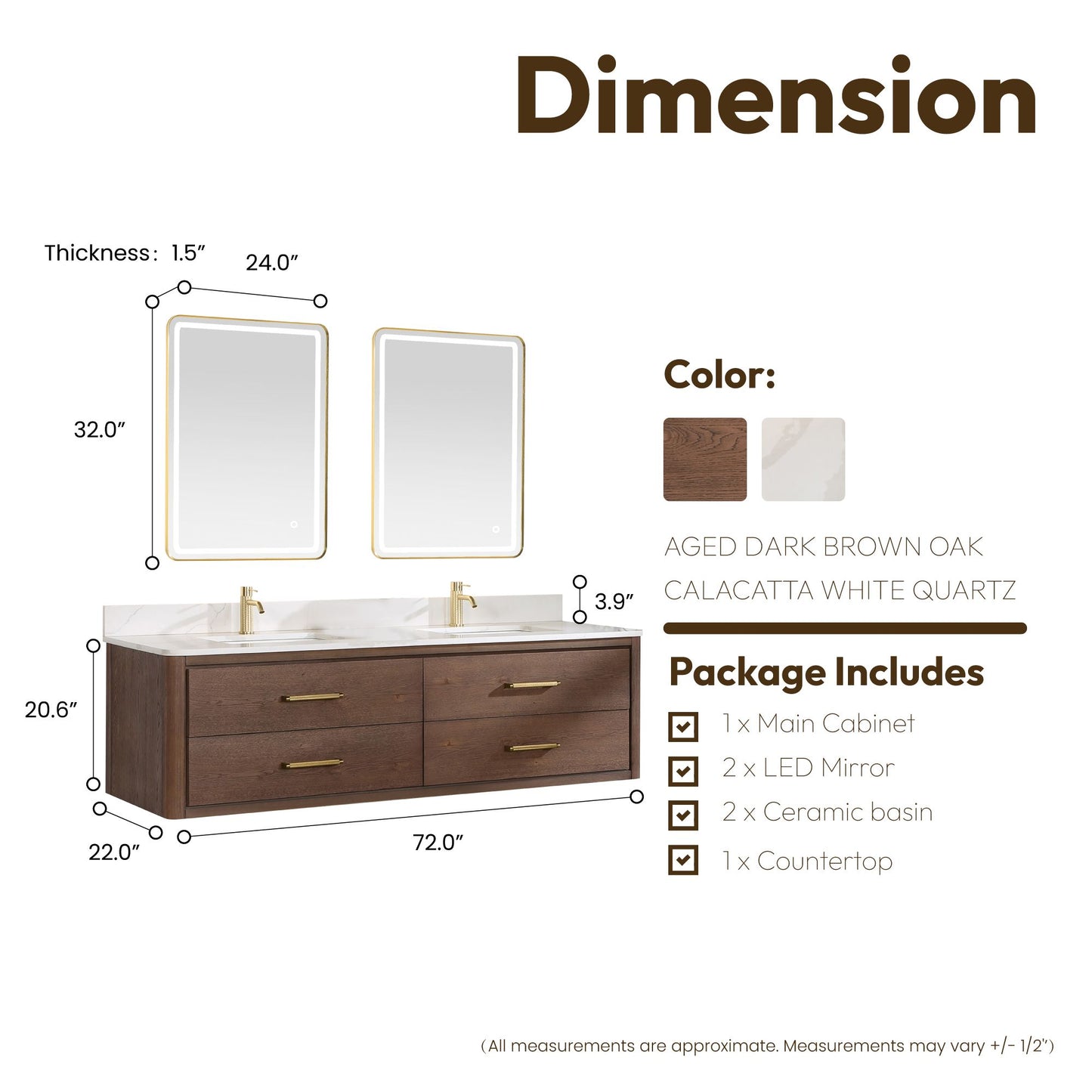 Cristo 72" Floating Double Bath Vanity in Aged Dark Brown Oak with Fish Maw White Quartz Stone Top