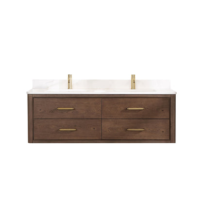 Cristo 60M" Floating Double Bath Vanity in Aged Dark Brown Oak with Fish Maw White Quartz Stone Top