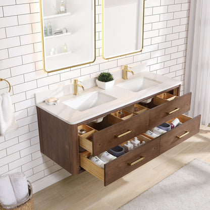 Cristo 60M" Floating Double Bath Vanity in Aged Dark Brown Oak with Fish Maw White Quartz Stone Top