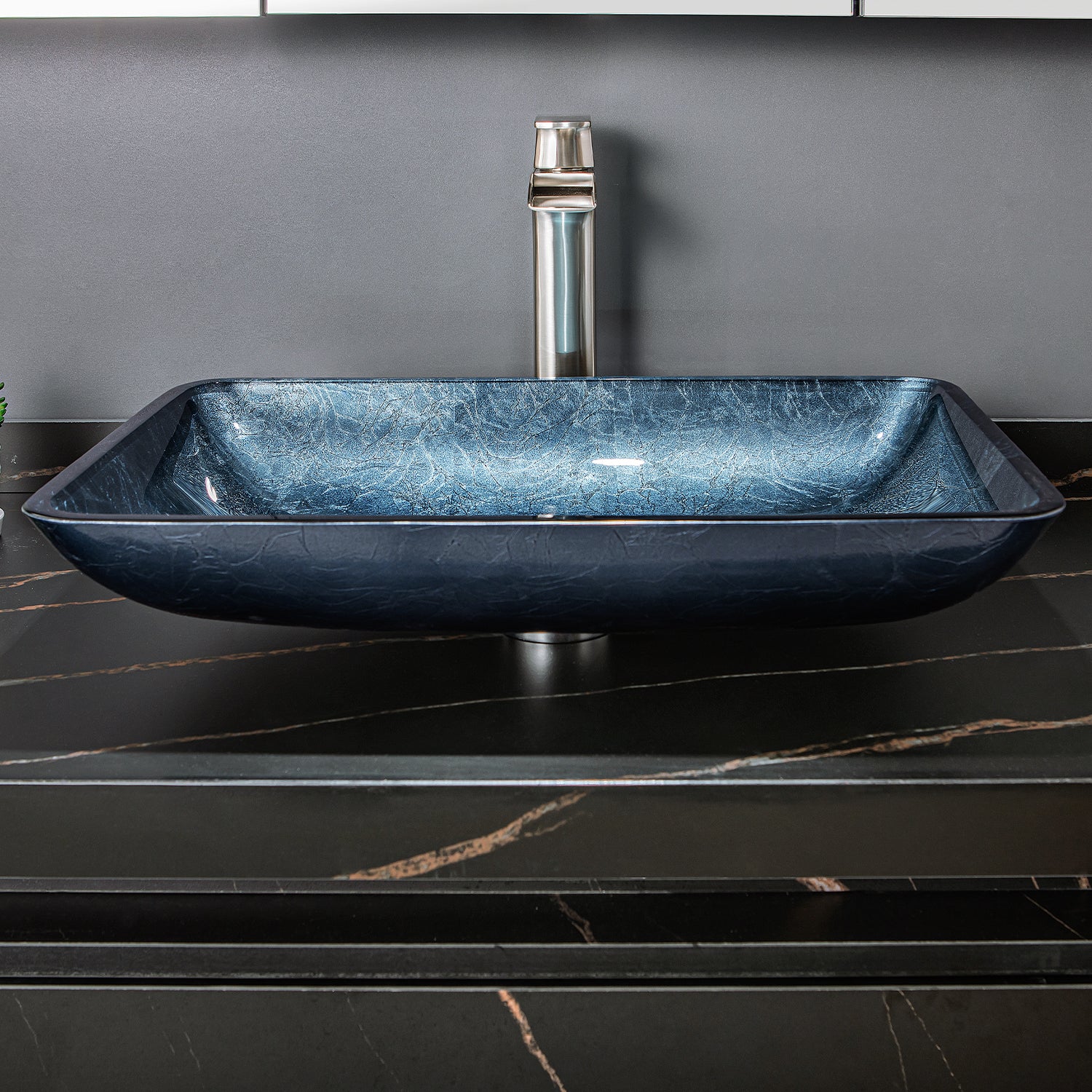 Vinnova Grayish Blue Glass Rectangular Vessel Bathroom Sink without Faucet