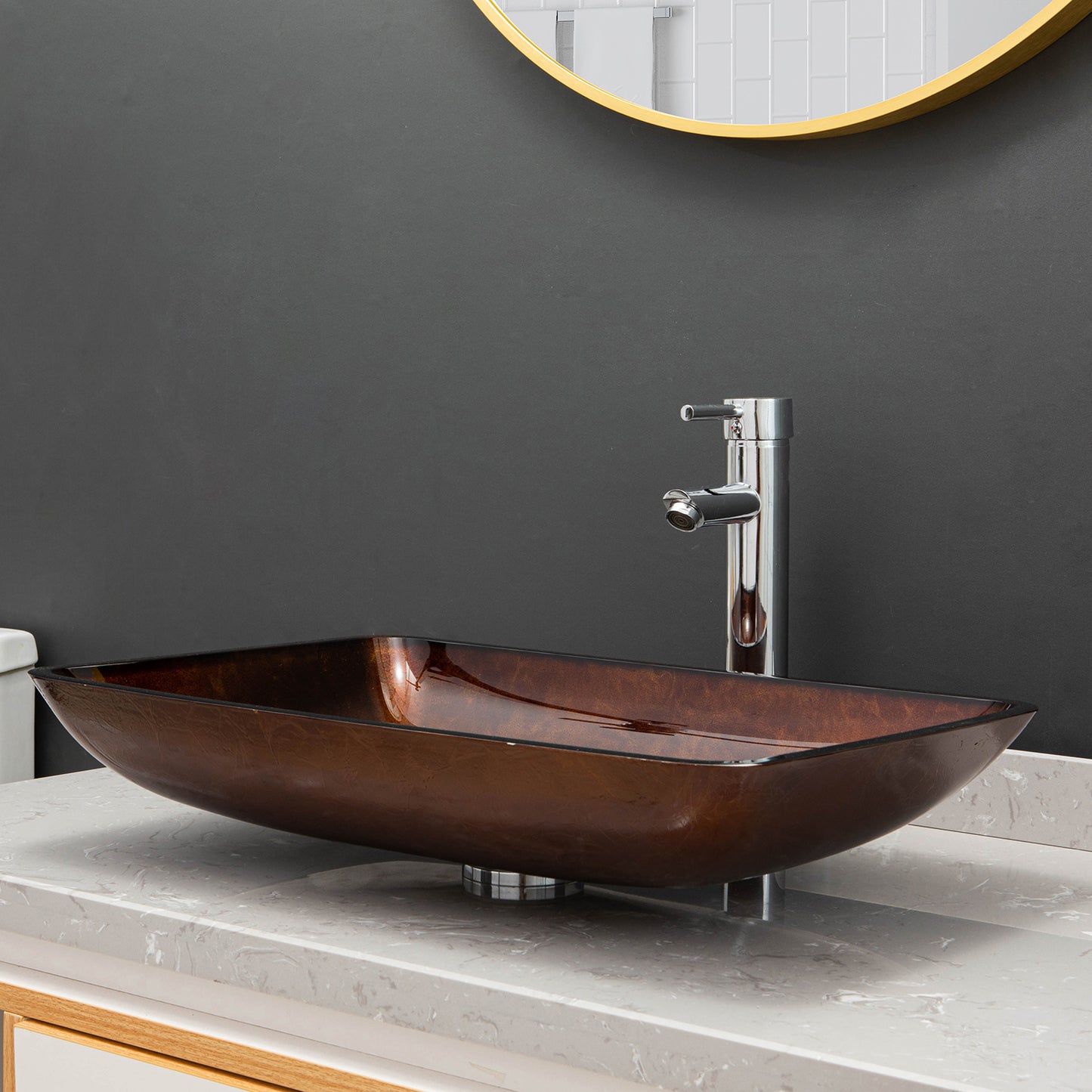 Vinnova Reddish Brown Glass Rectangular Vessel Bathroom Sink without Faucet