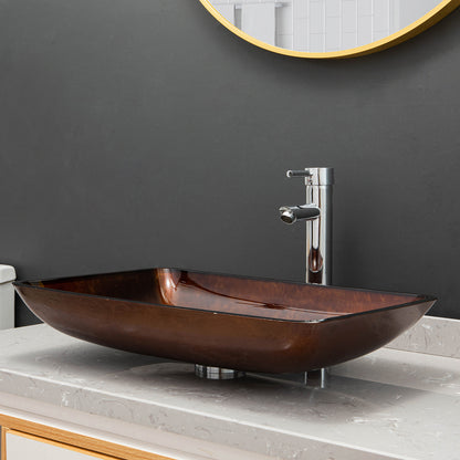 Vinnova Reddish Brown Glass Rectangular Vessel Bathroom Sink without Faucet