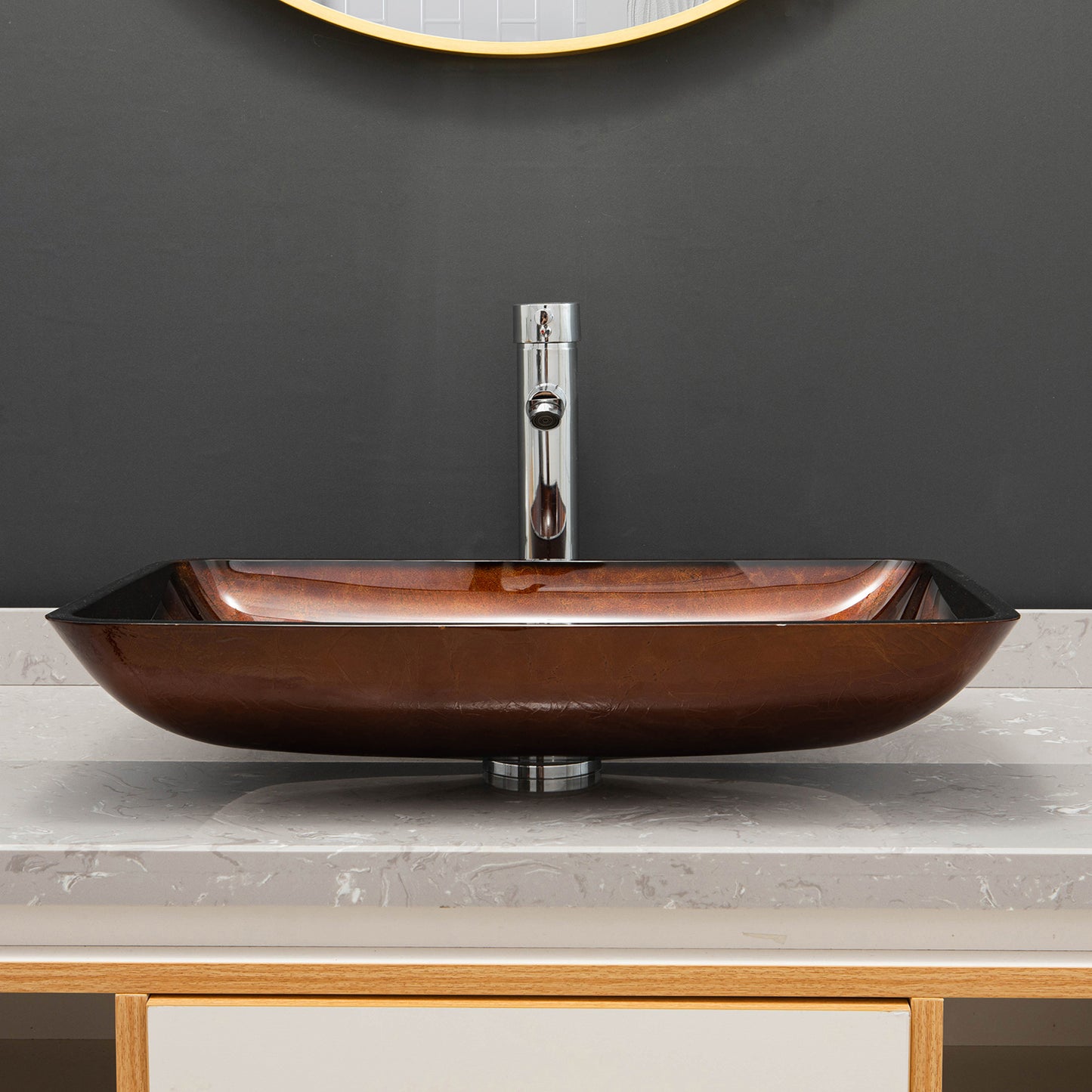 Vinnova Reddish Brown Glass Rectangular Vessel Bathroom Sink without Faucet