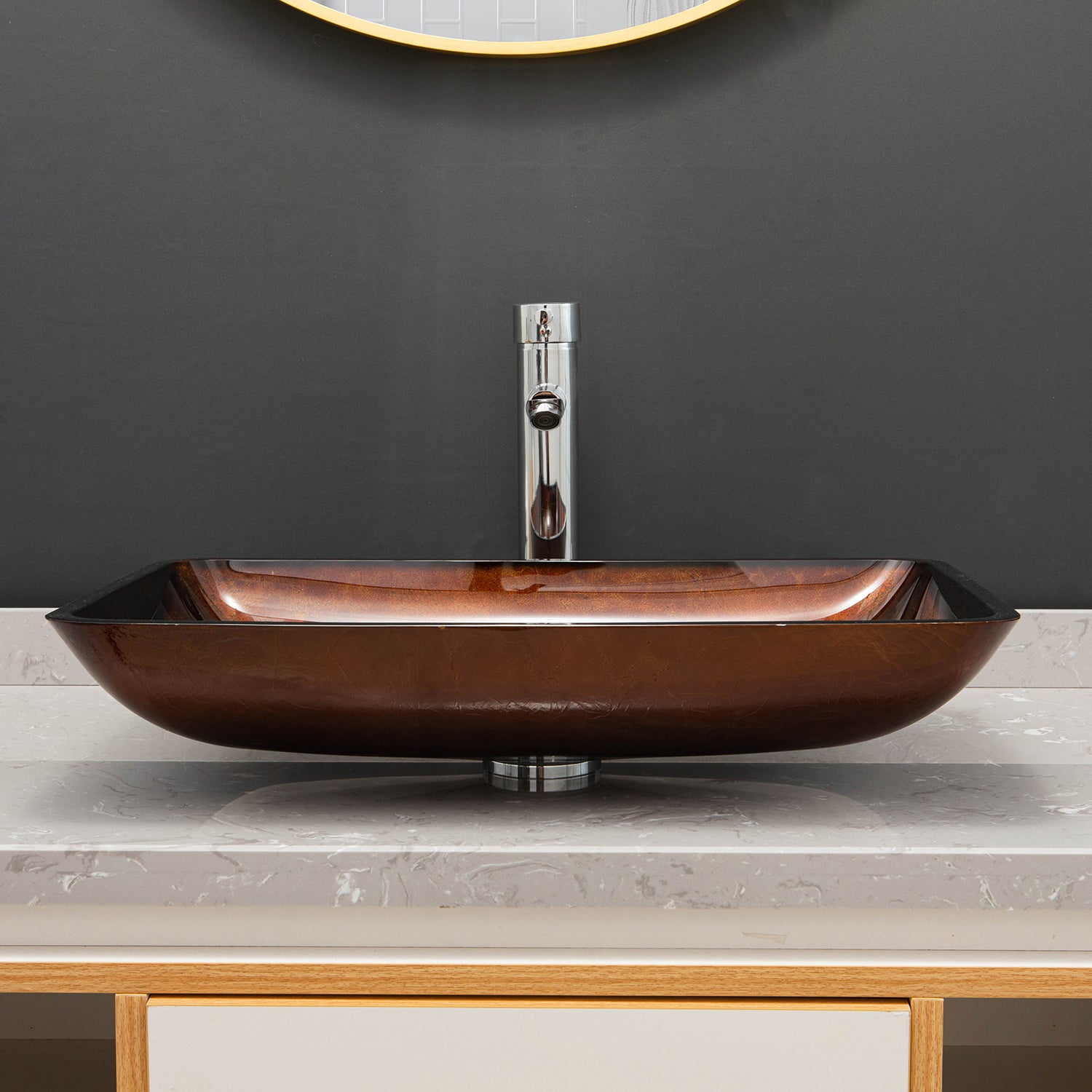 Vinnova Reddish Brown Glass Rectangular Vessel Bathroom Sink without Faucet