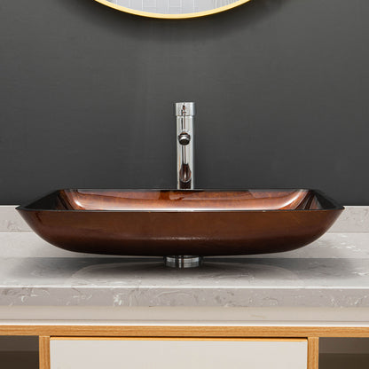 Vinnova Reddish Brown Glass Rectangular Vessel Bathroom Sink without Faucet