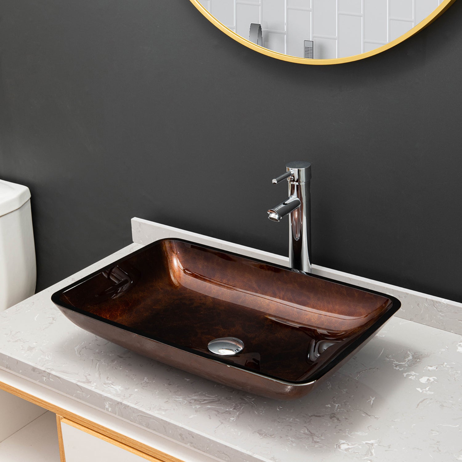 Vinnova Reddish Brown Glass Rectangular Vessel Bathroom Sink without Faucet
