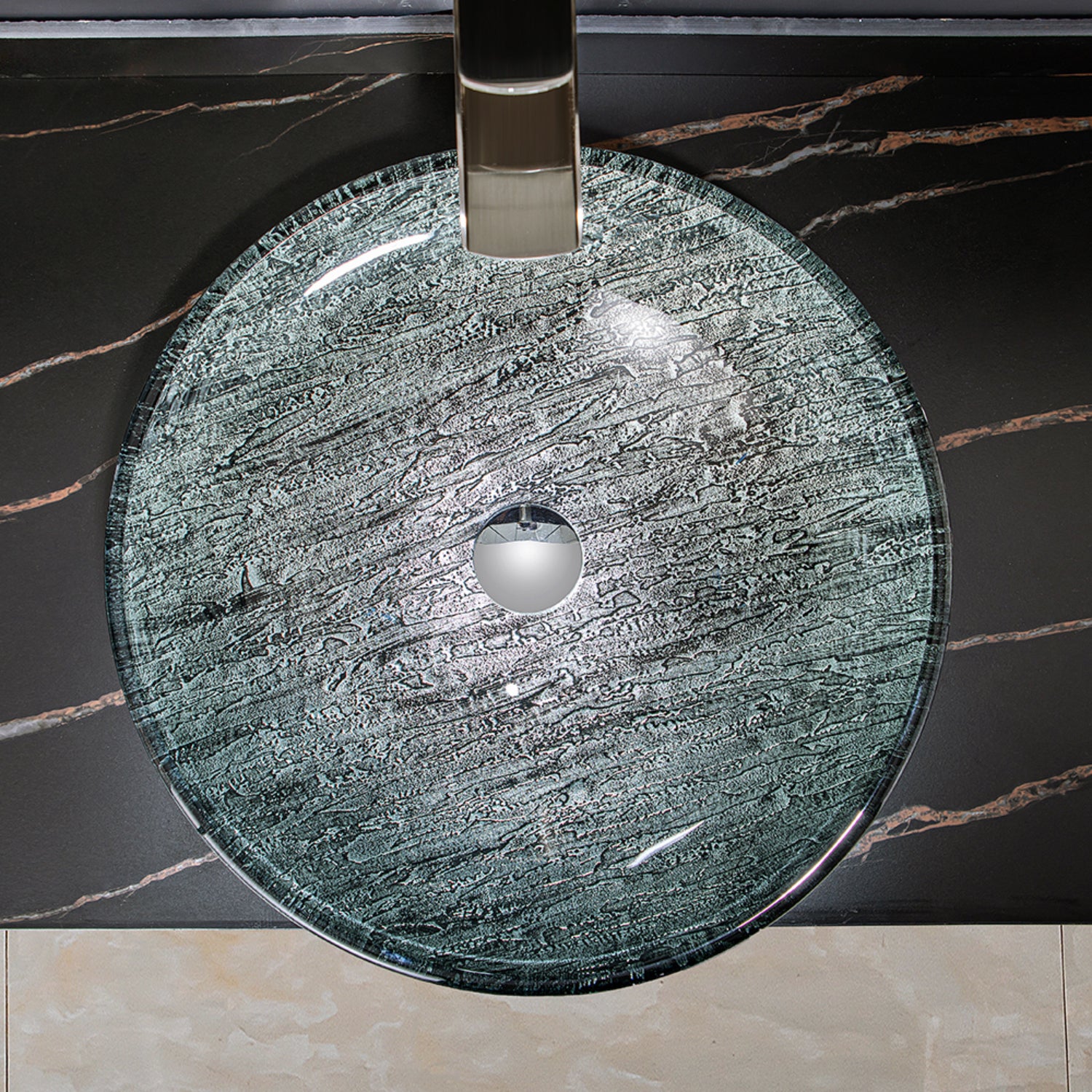 Vinnova Enna Black Tree Bark Glass Circular Vessel Bathroom Sink without Faucet